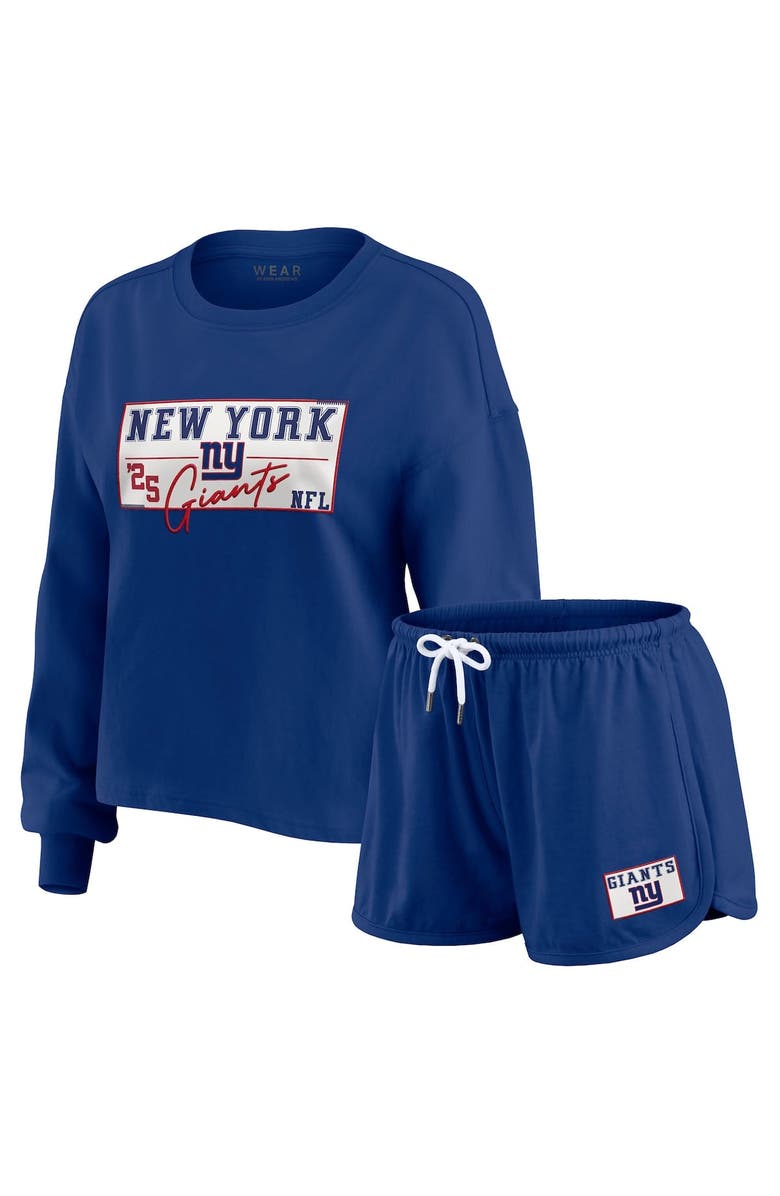 WEAR by Erin Andrews Women's WEAR by Erin Andrews Royal New York Giants Heavy Rugby Jersey Long Sleeve T-Shirt & Shorts Lounge Set, Alternate, color, Royal