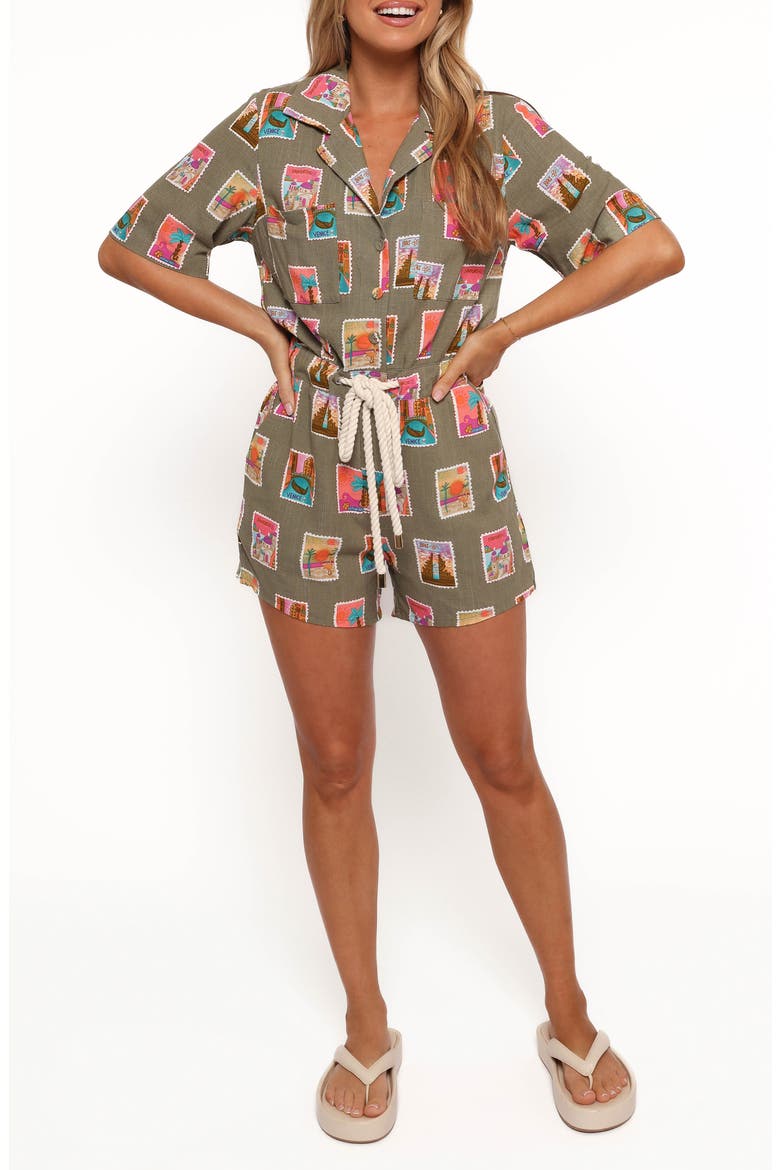 Everlee Postcard Print Romper, Main, color, OLIVE PRINT