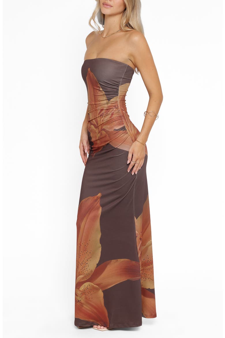 Ginny Floral Print Ruched Strapless Maxi Dress, Alternate, color, BROWN