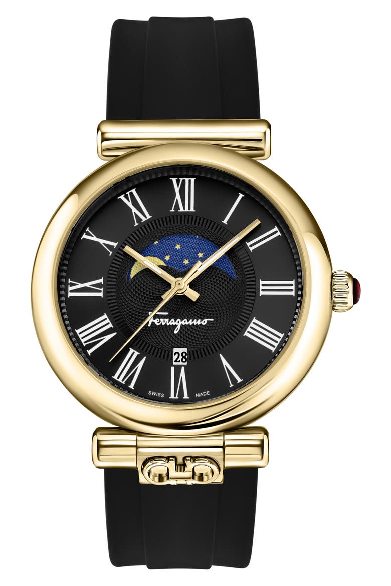 Ora Moonphase Silicone Strap Watch, 40mm, Main, color, YELLOW GOLD