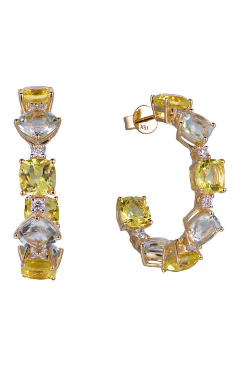 Green Amethyst & Lemon Quartz Earrings with Diamonds
