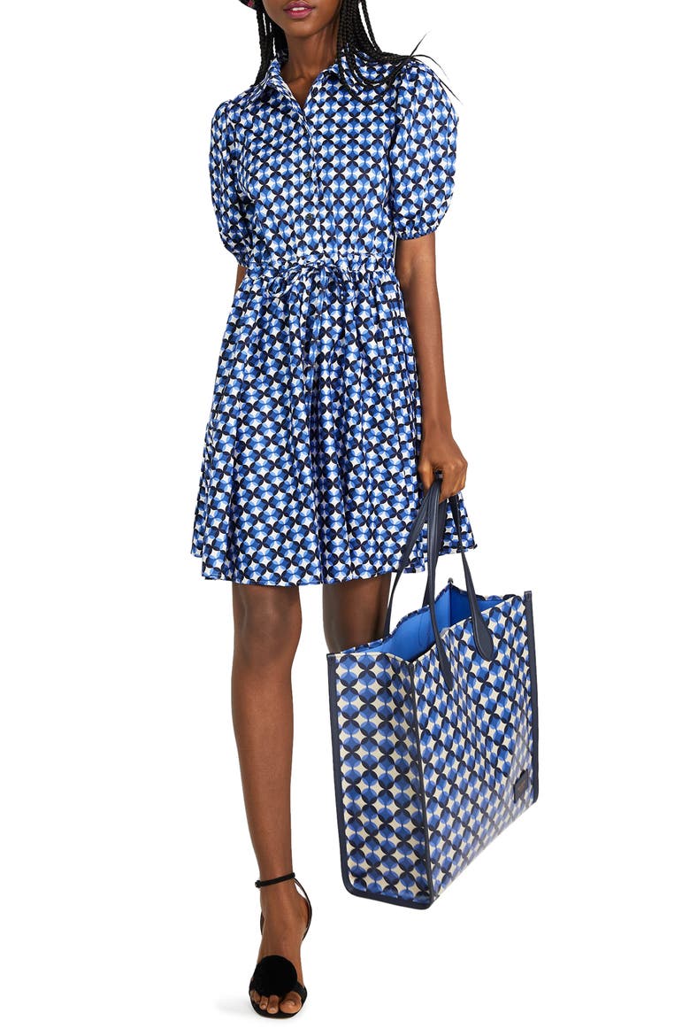 patio tile puff sleeve shirtdress, Main, color, CREAM/ BLAZER BLUE