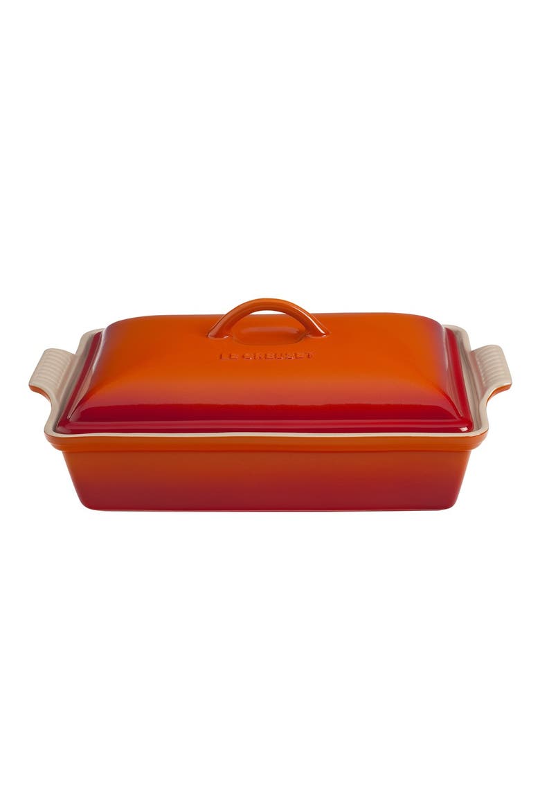 4-Quart Rectangular Stoneware Casserole with Lid, Main, color, FLAME