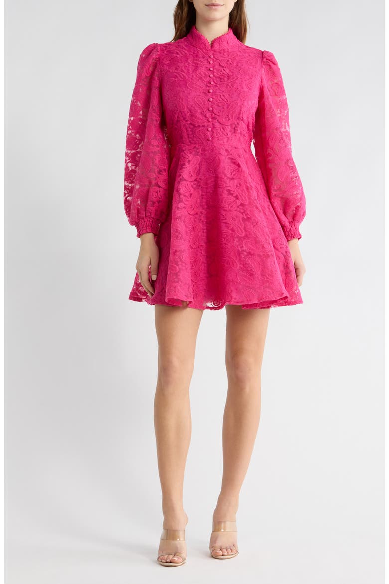 Amber Long Sleeve Lace Fit & Flare Dress, Main, color, FUCHSIA