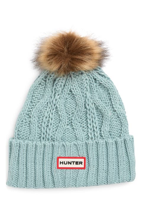 Logo Cable Knit Faux Fur Pompom Fleece Lined Beanie