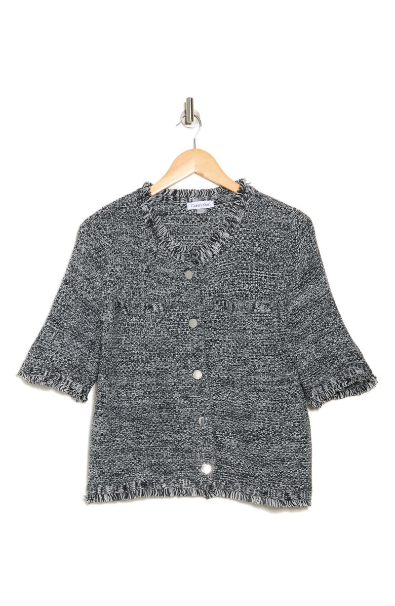 Calvin Klein Fringe Button Sweater, Alternate, color, Navy / Cream