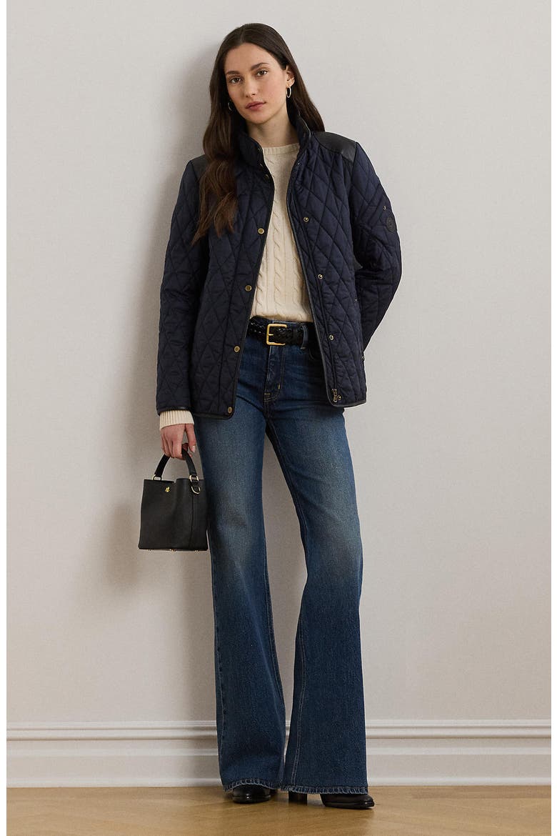 Diamond Quilted Barn Jacket With Faux Leather Trim, Alternate, color, DARK NAVY