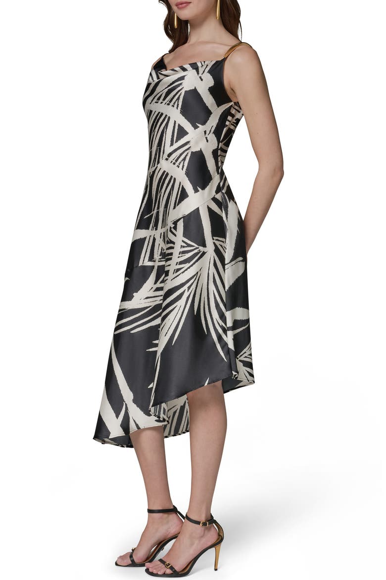 Print Cowl Neck Asymmetric Midi Dress, Alternate, color, BLACK CREAM