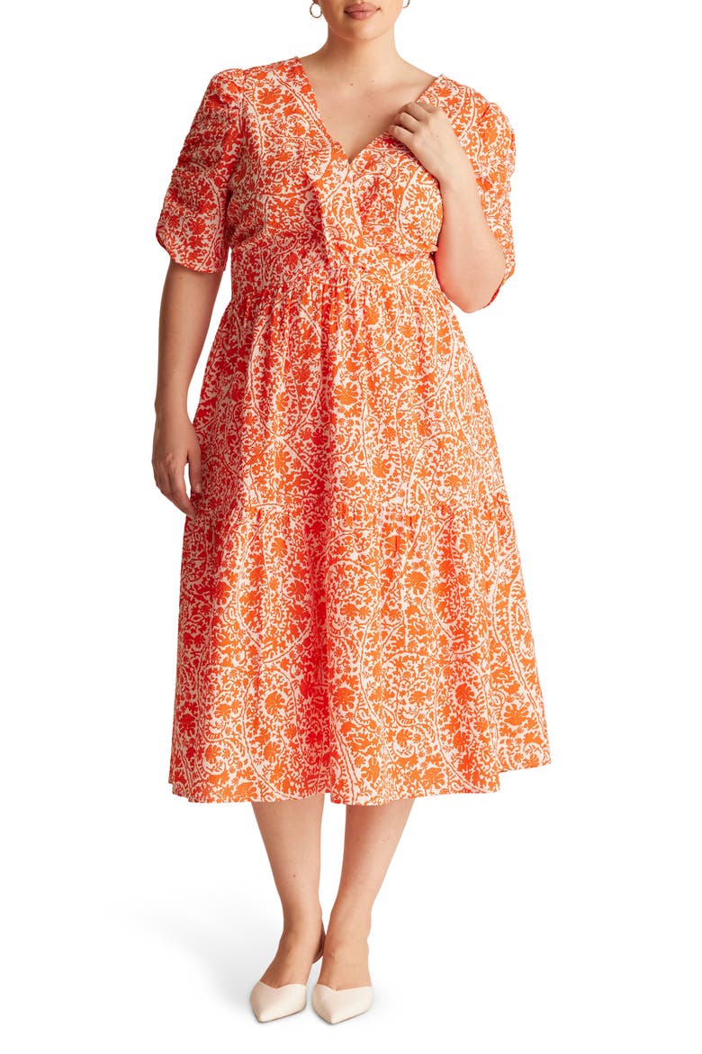 Dreamaya Floral Front Flap Fit & Flare Midi Dress, Main, color, TANGERINE