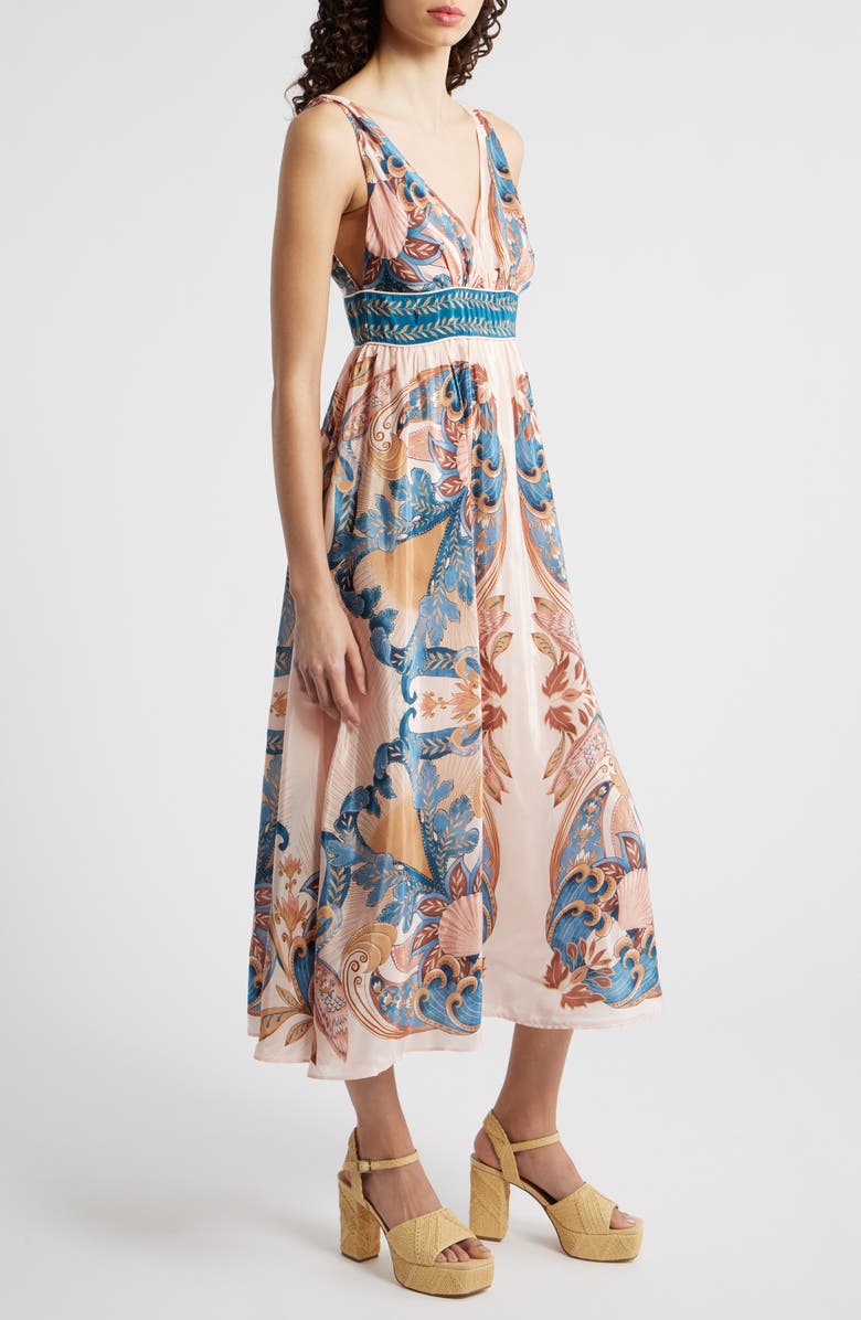 FARM Rio Garden Scarf Print Midi Dress, Alternate, color, Garden Scarf Soft Pink