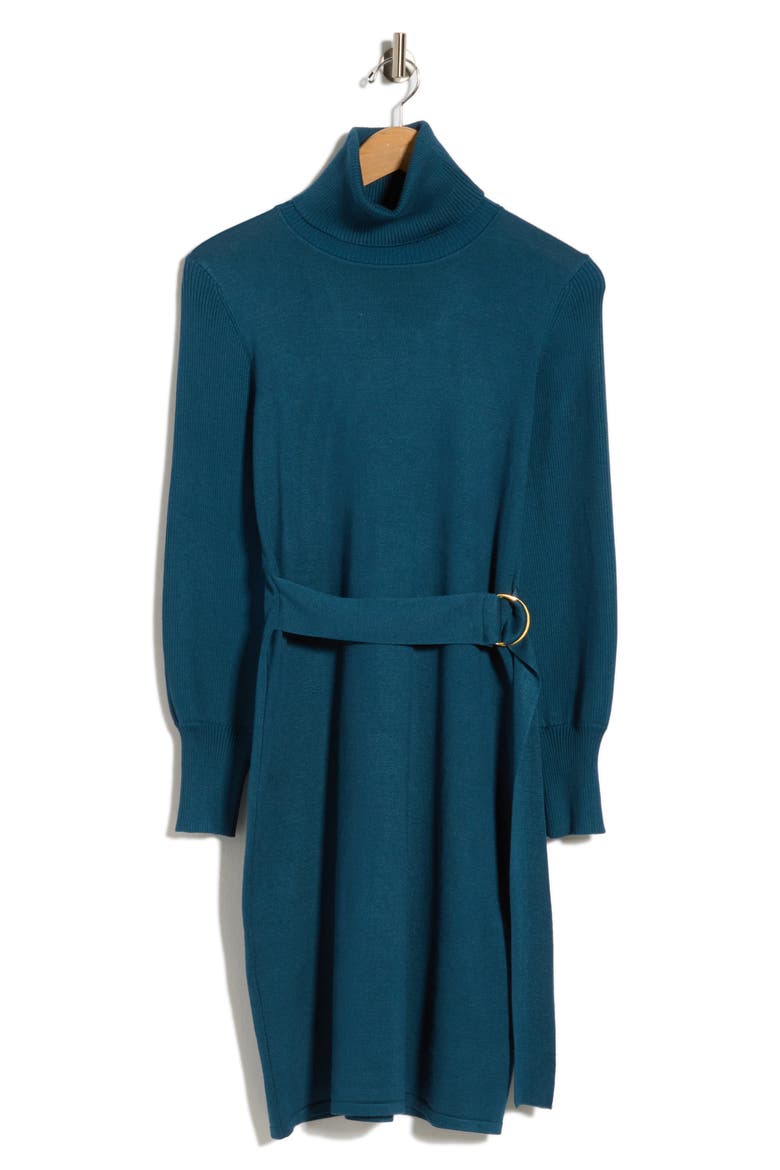 Turtleneck Long Sleeve Belted Sweater Dress, Alternate, color, TEAL