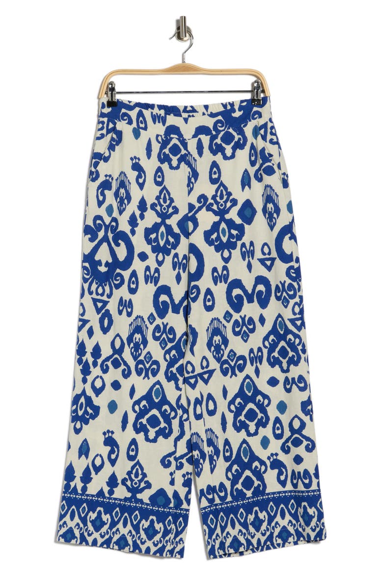 Placed Print Linen Blend Pull-On Pants, Alternate, color, IVORY/ BLUE ABSTRACT