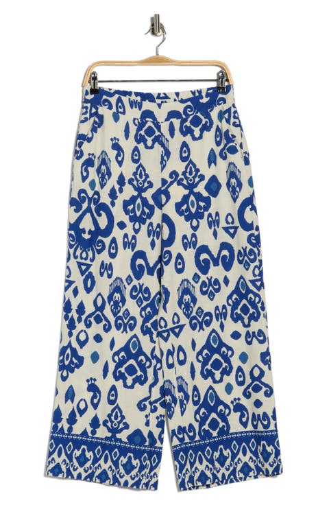Placed Print Linen Blend Pull-On Pants