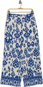 T Tahari Placed Print Linen Blend Pull-On Pants