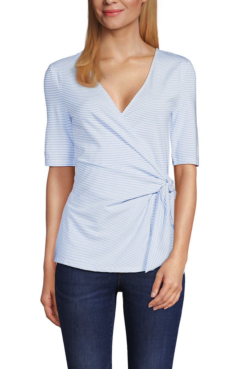 Lands' End Elbow Sleeve Lightweight Jersey Side Tie Blouse, Main, color, White/Periwinkle Tiny Stripe