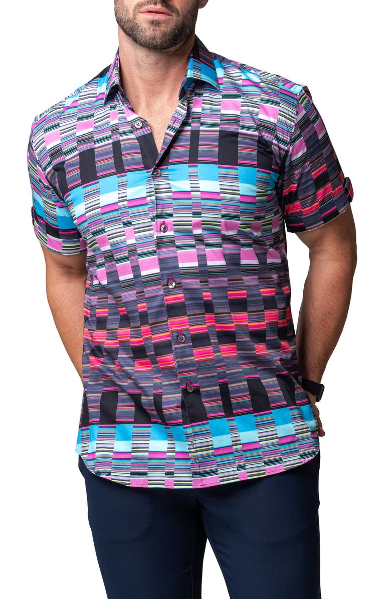 Maceoo Galileo Visible Short Sleeve Cotton Button-Up Shirt, Alternate, color, Purple Multi