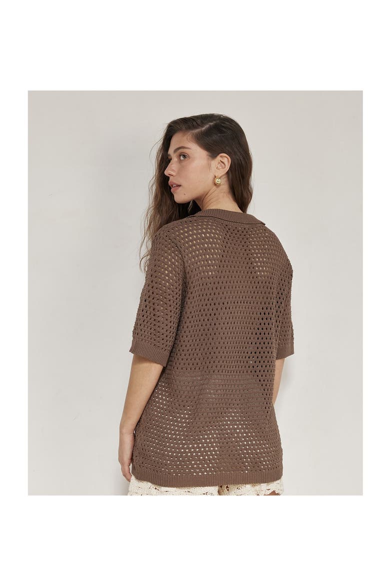 Robbie Crochet Collared Beach Top, Alternate, color, Brown