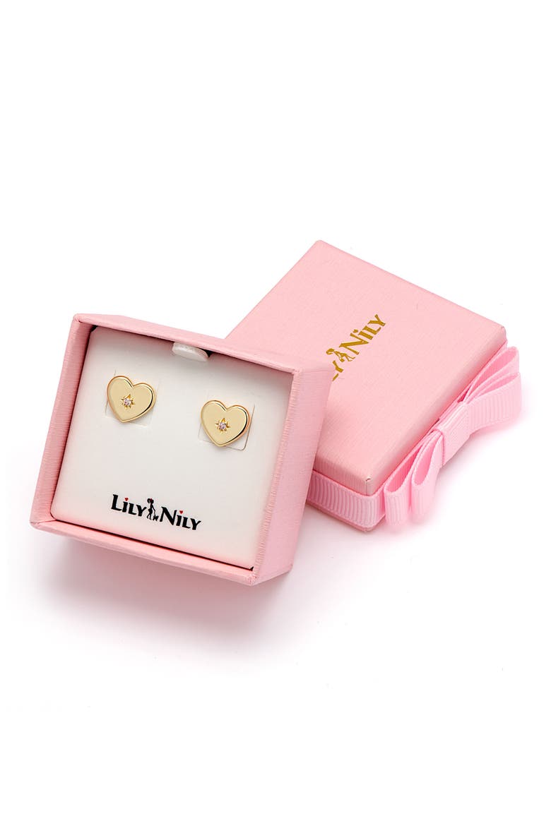 Kids' Pink Cubic Zirconia Heart Stud Earrings, Alternate, color, GOLD