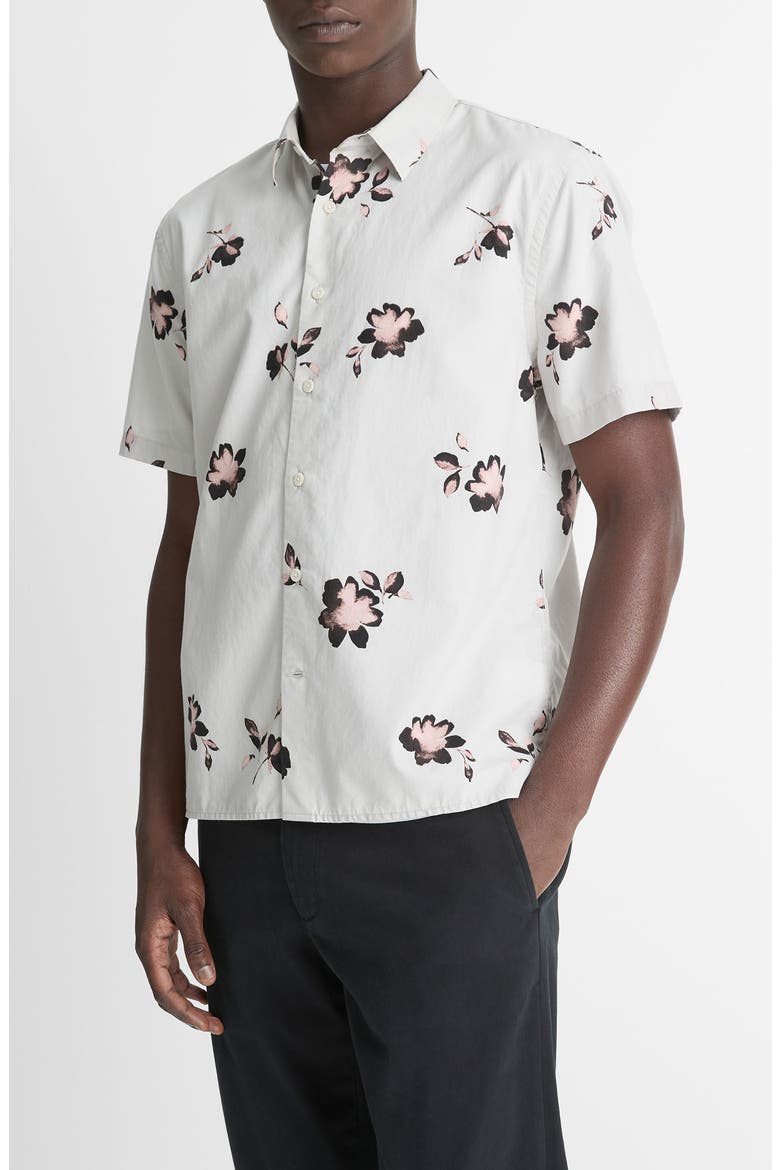 Cascading Floral Short Sleeve Button-Up Shirt, Alternate, color, DOVE GREY/ PINK HAZE