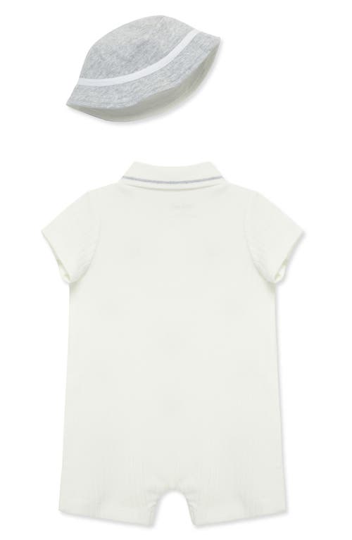 Little Me Elephant Embroidered Cotton Romper & Hat Set In White