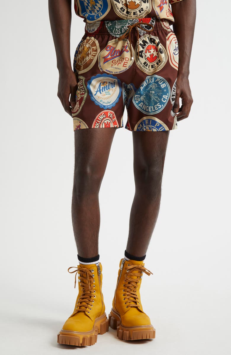 AMIRI Coasters Print Swim Trunks, Main, color, Chocolate