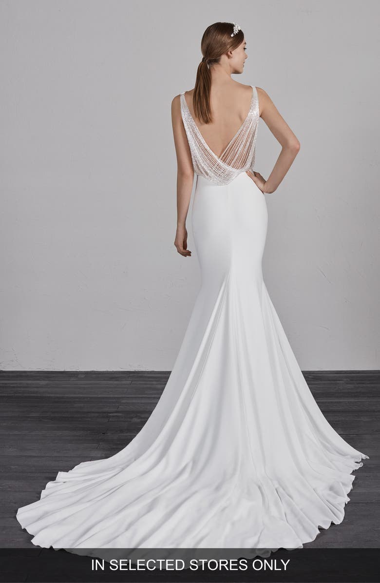 Pronovias Eol Beaded Trumpet Wedding Dress, Alternate, color,