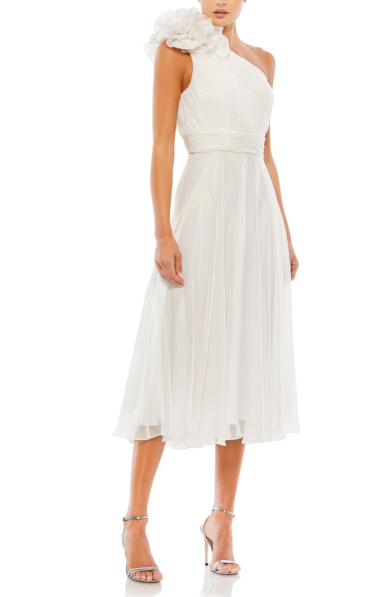 Mac Duggal Rosette One Shoulder Tea Length Dress, Main, color, White