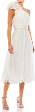 Mac Duggal Rosette One Shoulder Tea Length Dress
