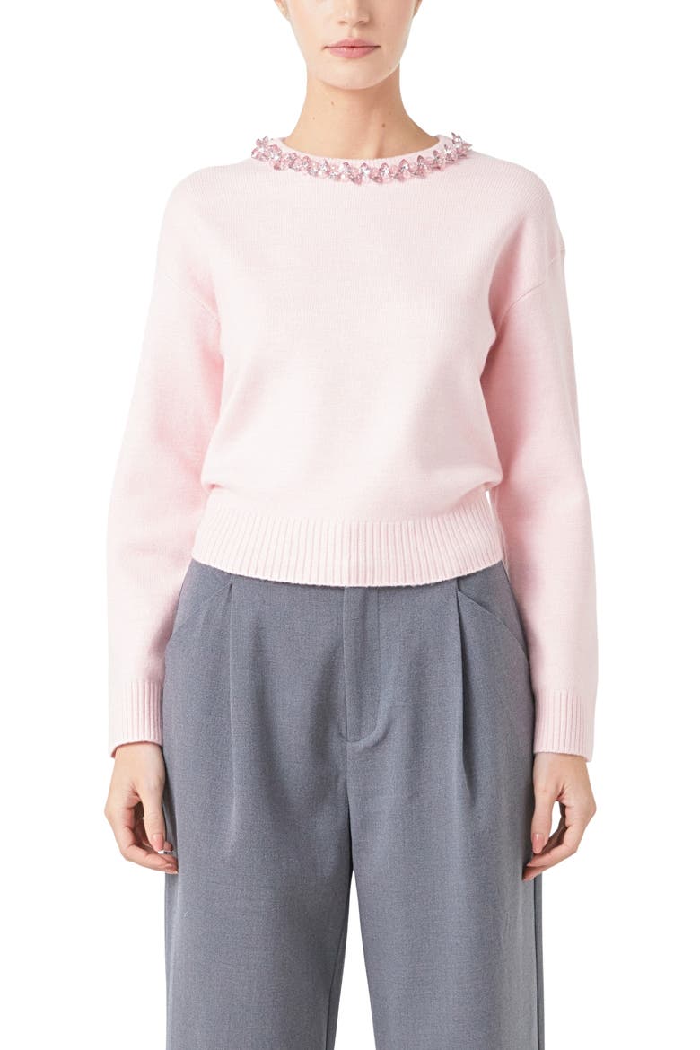 Embellished Crewneck Sweater, Alternate, color, LIGHT PINK