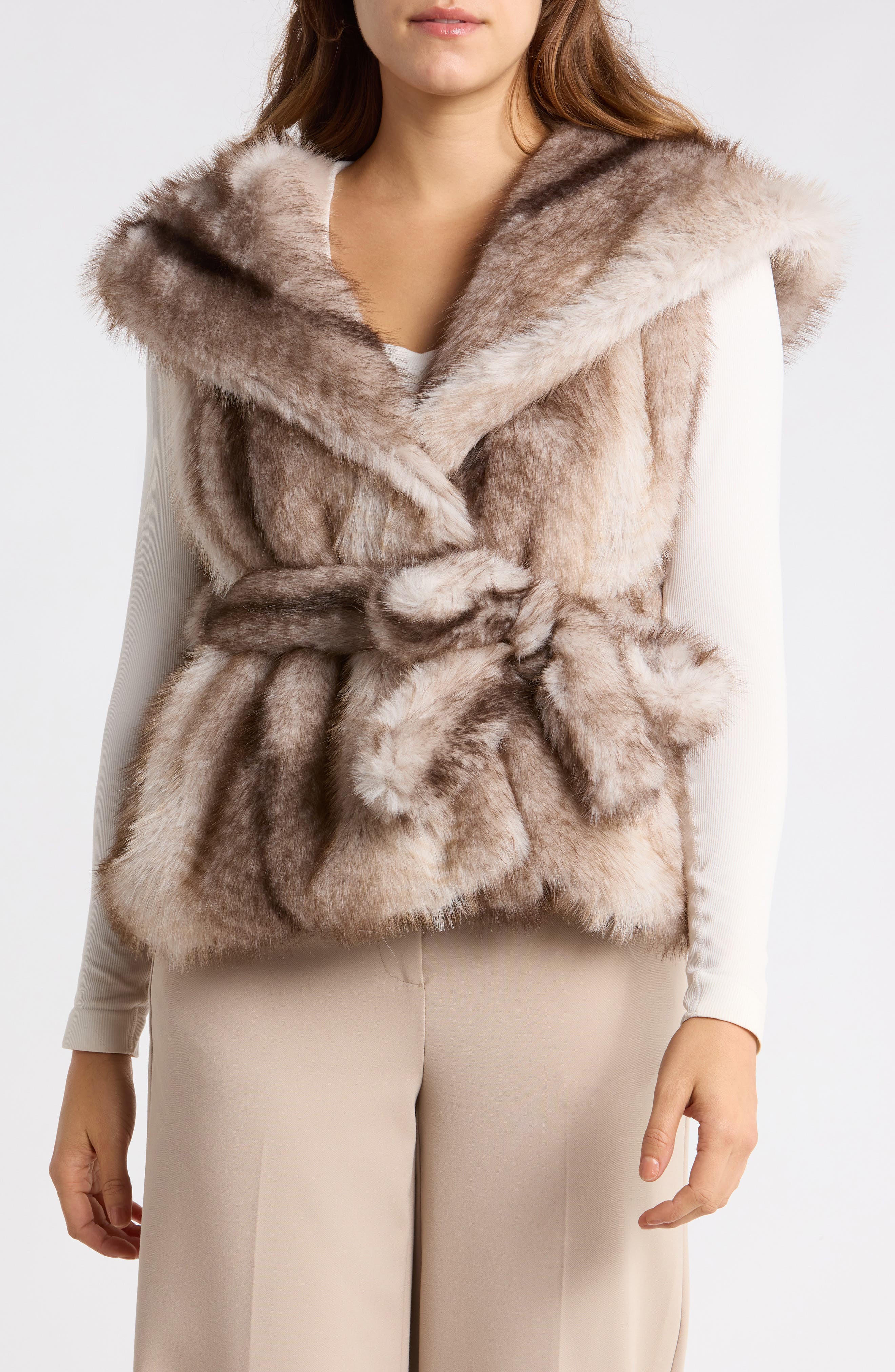 Faux Fur Belted Shawl Collar Vest