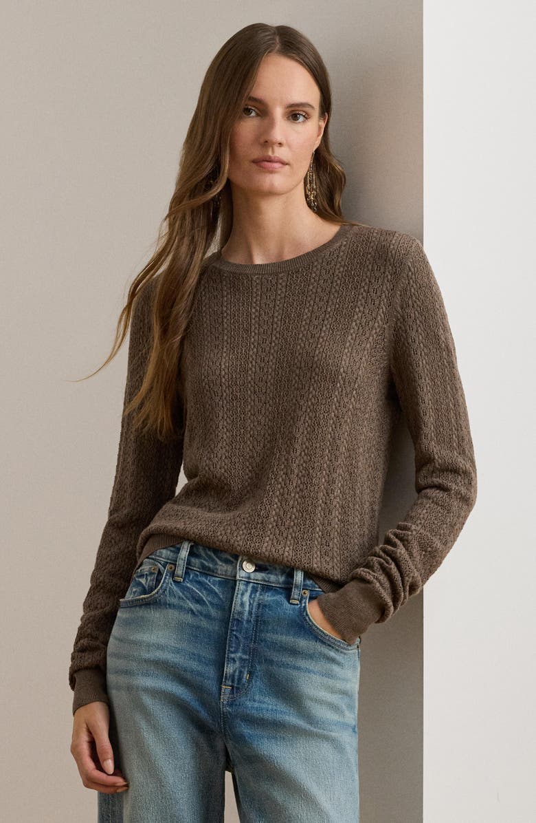 Lauren Ralph Lauren Pointelle Stitch Cotton Blend Sweater, Alternate, color, Taupe Brown Heather
