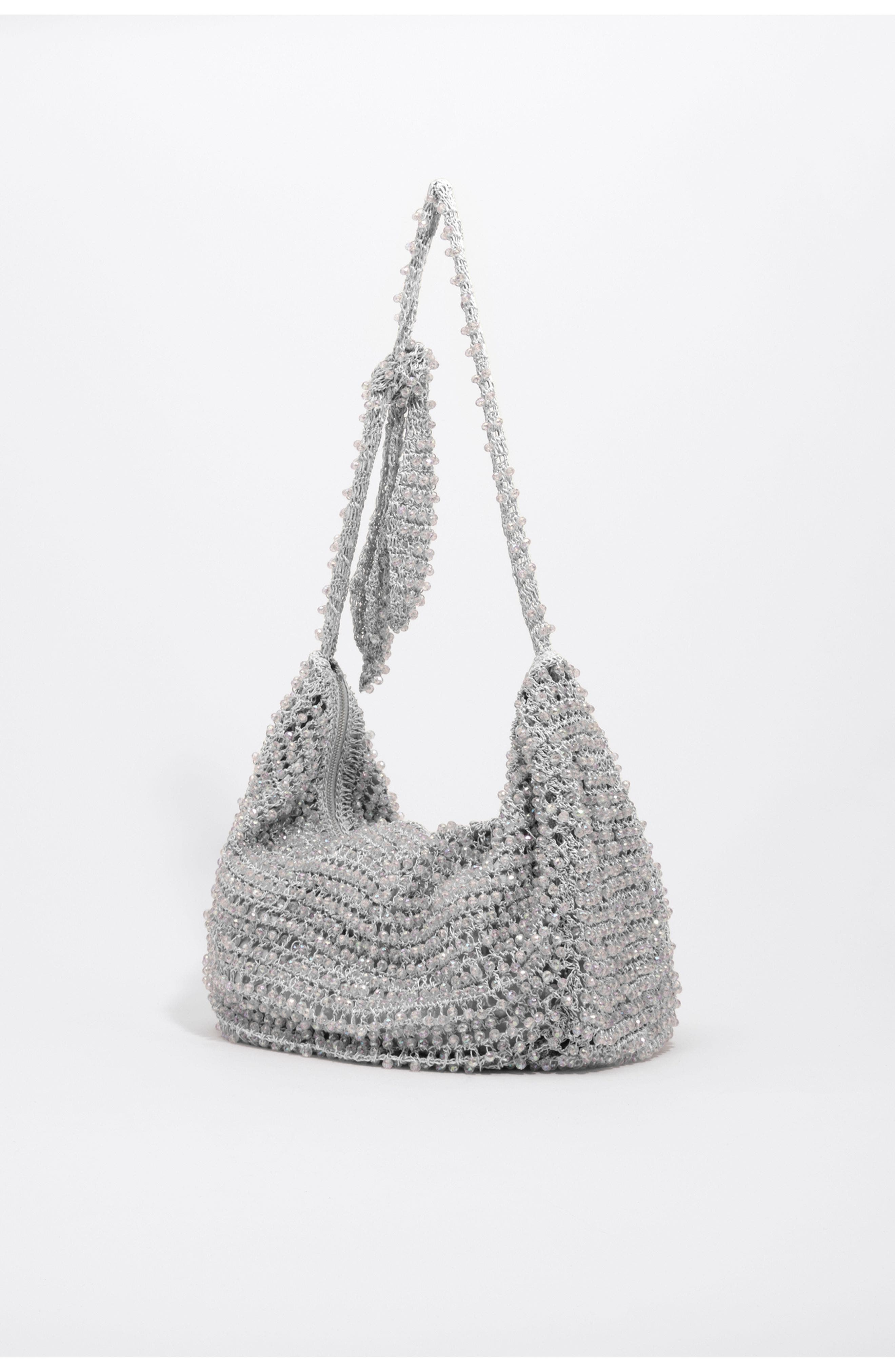 Medium Crochet Beaded Shoulder Bag, Alternate, color, SILVER
