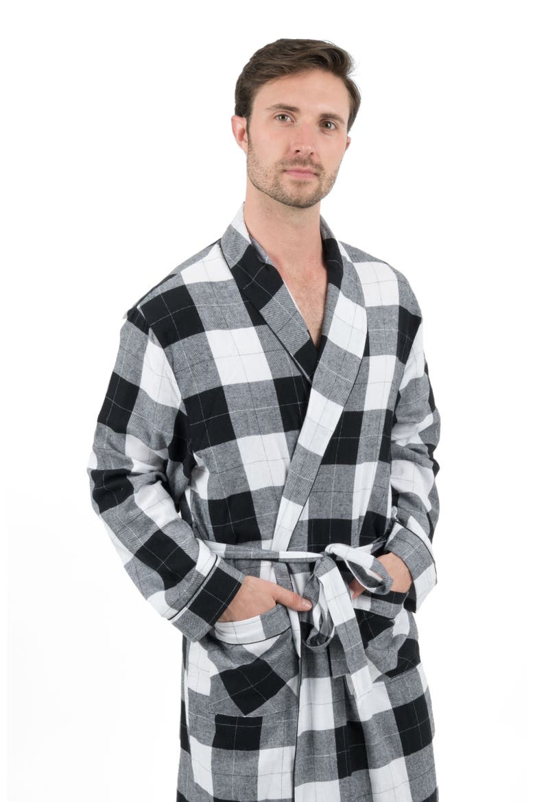 Men's Flannel Robe, 100% Cotton, Alternate, color, White/Black Plaid