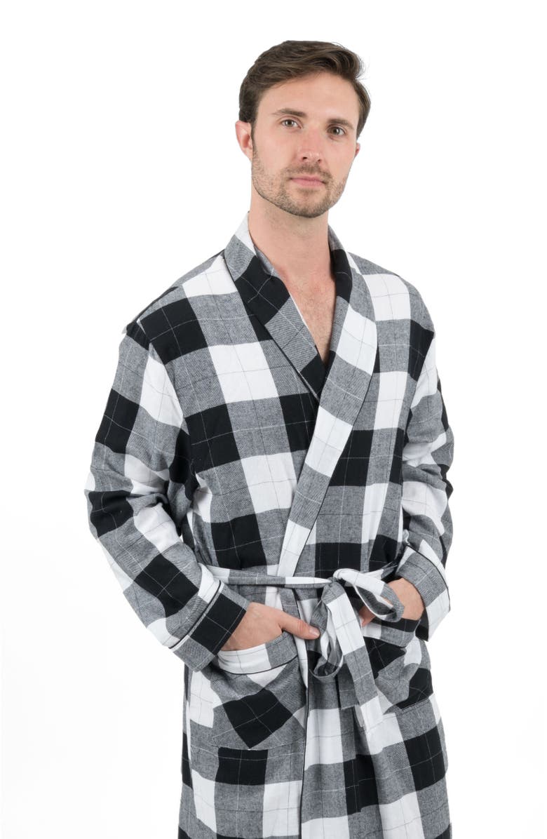 Leveret Men's Flannel Robe, 100% Cotton, Alternate, color, Plaid Black & White
