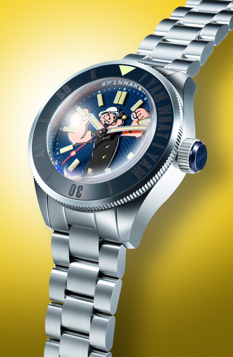 SPINNAKER x Popeye Forearm Fury Piccard Automatic Bracelet Watch, 45mm, Alternate, color, Blue