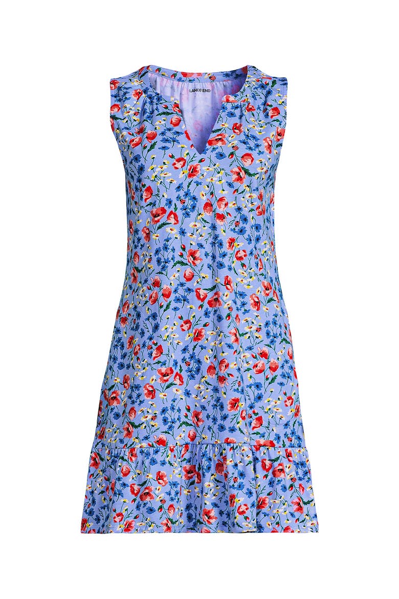 Petite Sleeveless Cotton Jersey Notch Neck Flounce Dress, Alternate, color, Clear Blue Sky Poppy Floral