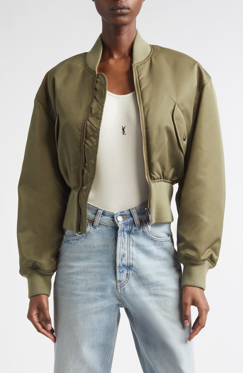 Saint Laurent Crop Bomber Jacket, Main, color, Kaki