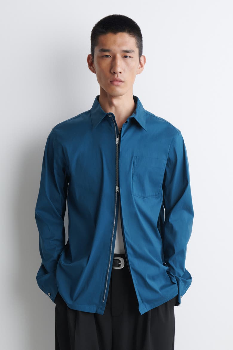Cotton-Blend Zip-Up Shirt, Alternate, color, BLUE