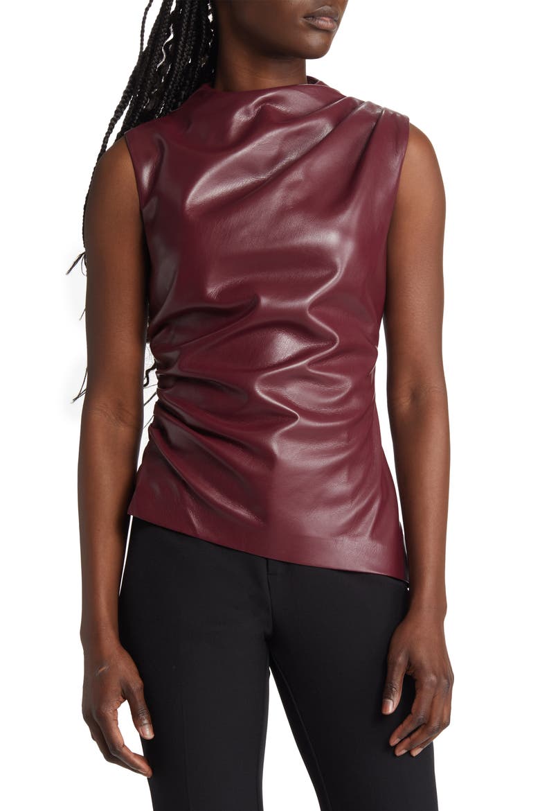 Allegra Asymmetric Faux Leather Gathered Top, Main, color, WINE