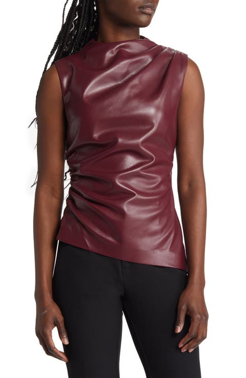 Allegra Asymmetric Faux Leather Gathered Top