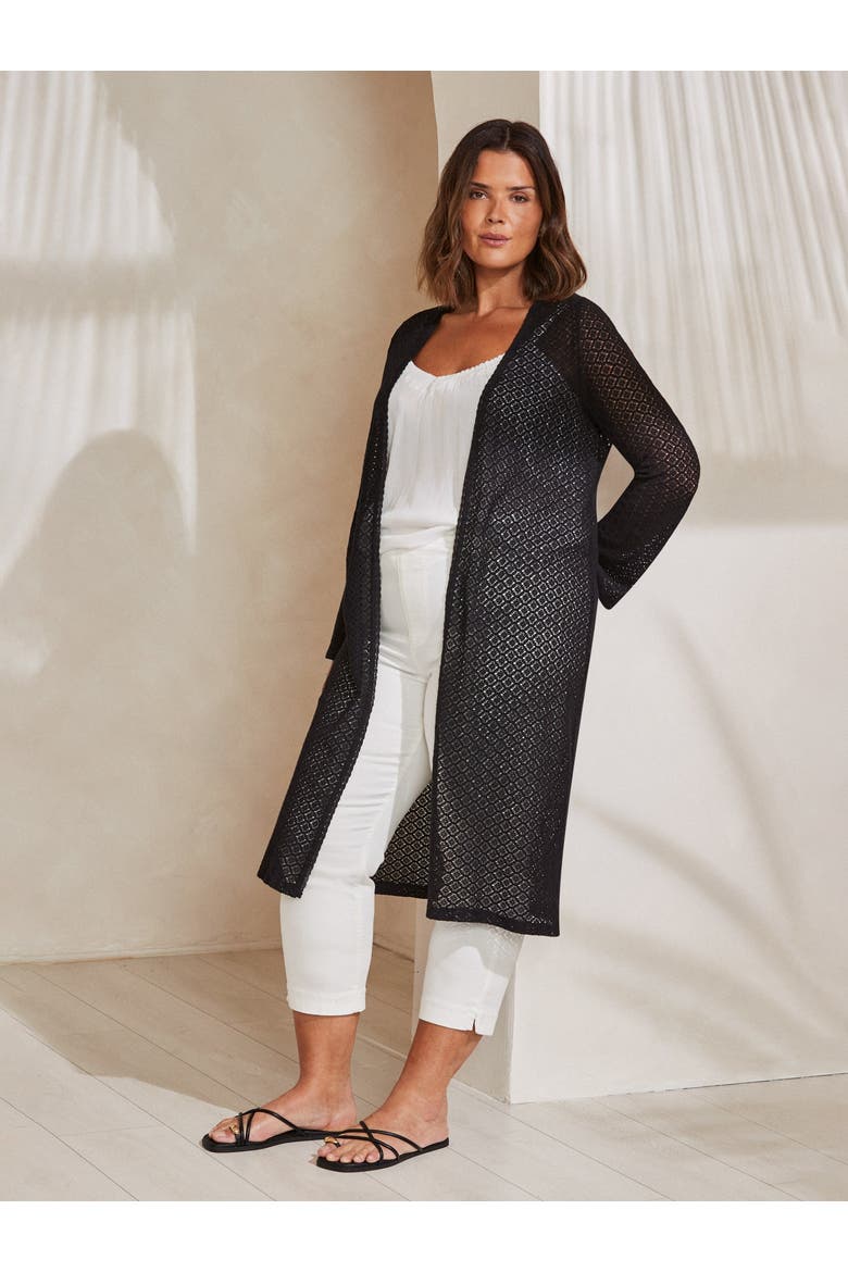 Longline Crochet Knit Cardigan, Alternate, color, Black