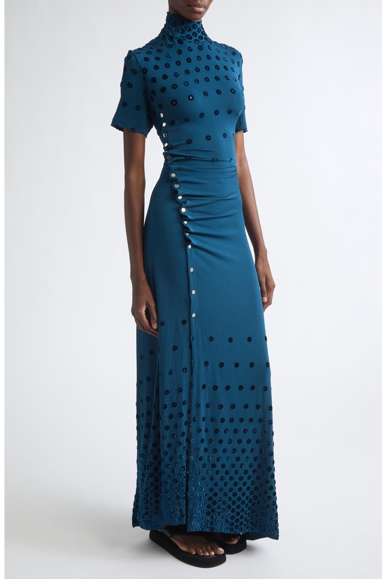 Flocked Dot Cutout Jersey Gown, Alternate, color, DEEP LAKE
