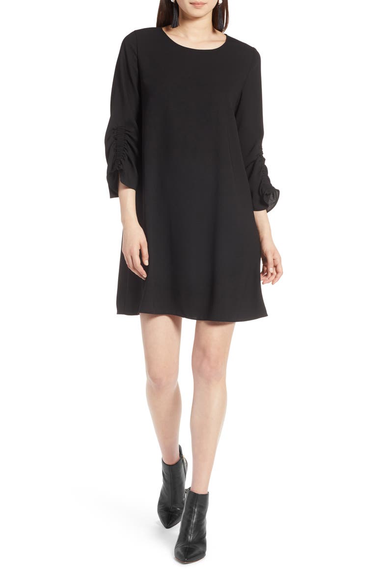 Ruched Sleeve Swing Dress, Main, color, BLACK