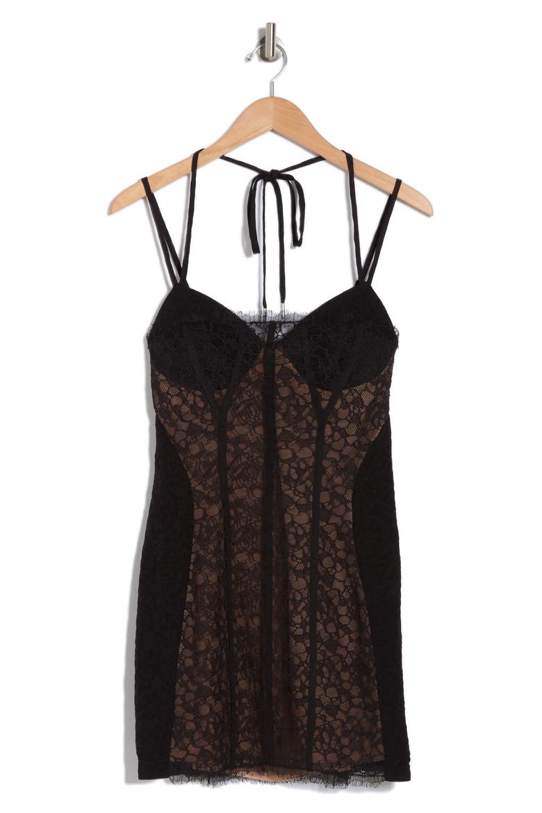 Alodie Strappy Lace Minidress, Alternate, color, BLACK