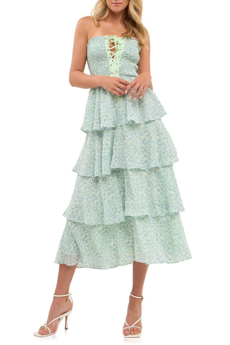 Floral Print Tiered Strapless Dress, Main, color, BLUE