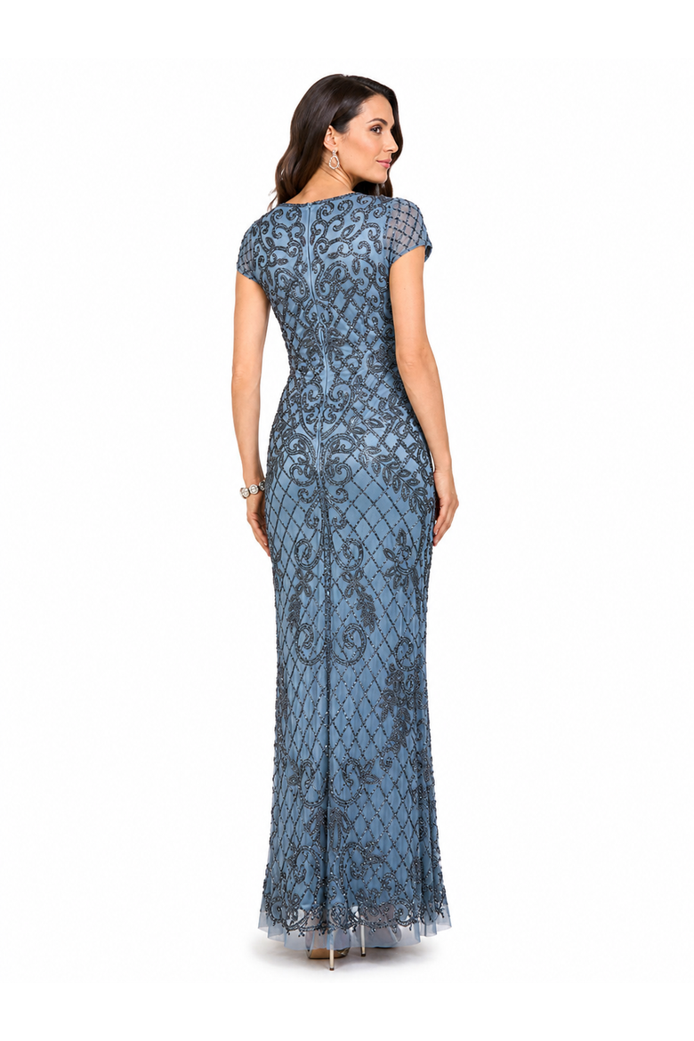 Cap Sleeve Mermaid Beaded Gown, Alternate, color, Ink Blue