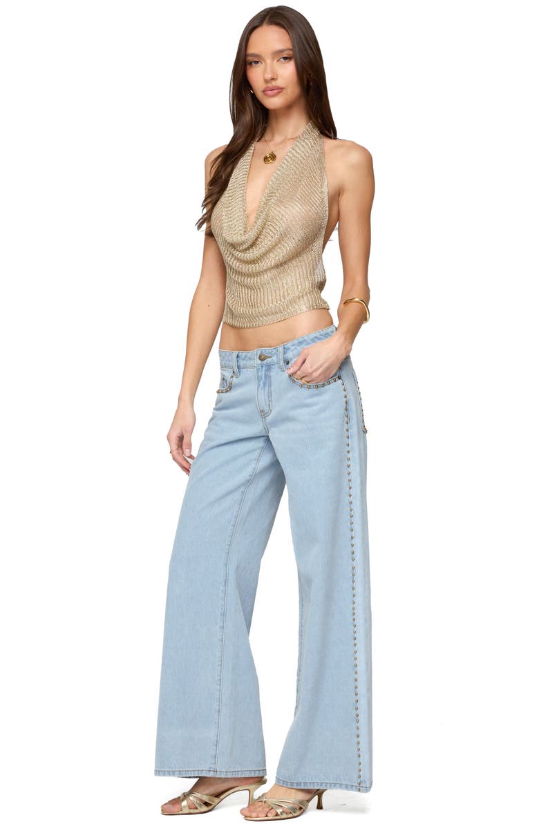 EDIKTED Shiny Rib Cowl Neck Halter Top, Alternate, color, Gold