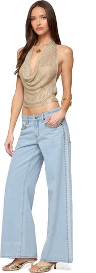 Shiny Rib Cowl Neck Halter Top