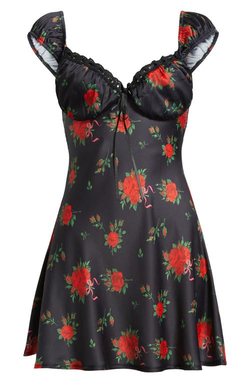 Rare London Rose Print Minidress In Black/red