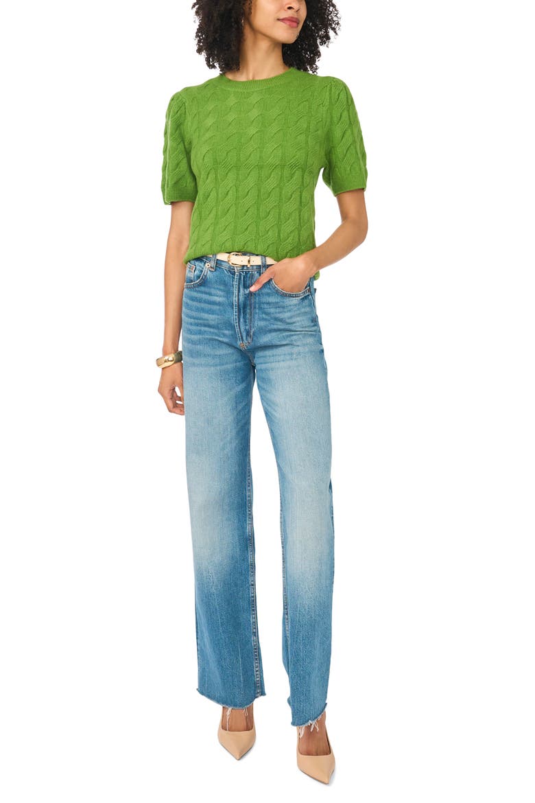 Cable Stitch Puff Sleeve Sweater, Alternate, color, SALTED LIME